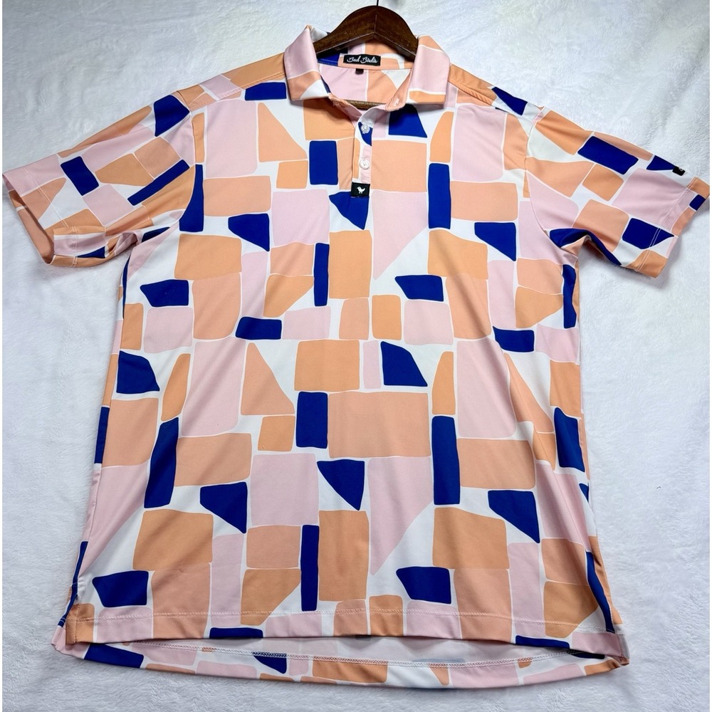 Bad Birdie Men's Catalina Golf Polo Sz Lg Bright Multicolor Geometric Orange